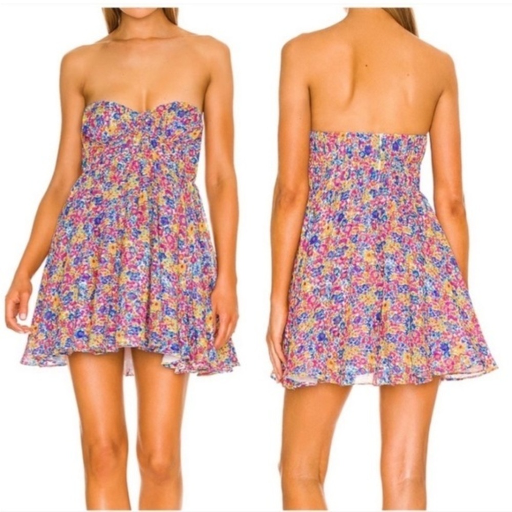 For Love and Lemons Sasha Rainbow Floral Print Mini Strapless Dress Size Medium